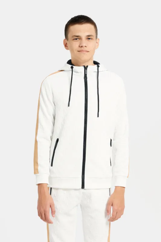 Senior Boys White Embossed Hooded Sweatshirt sold by Redtag