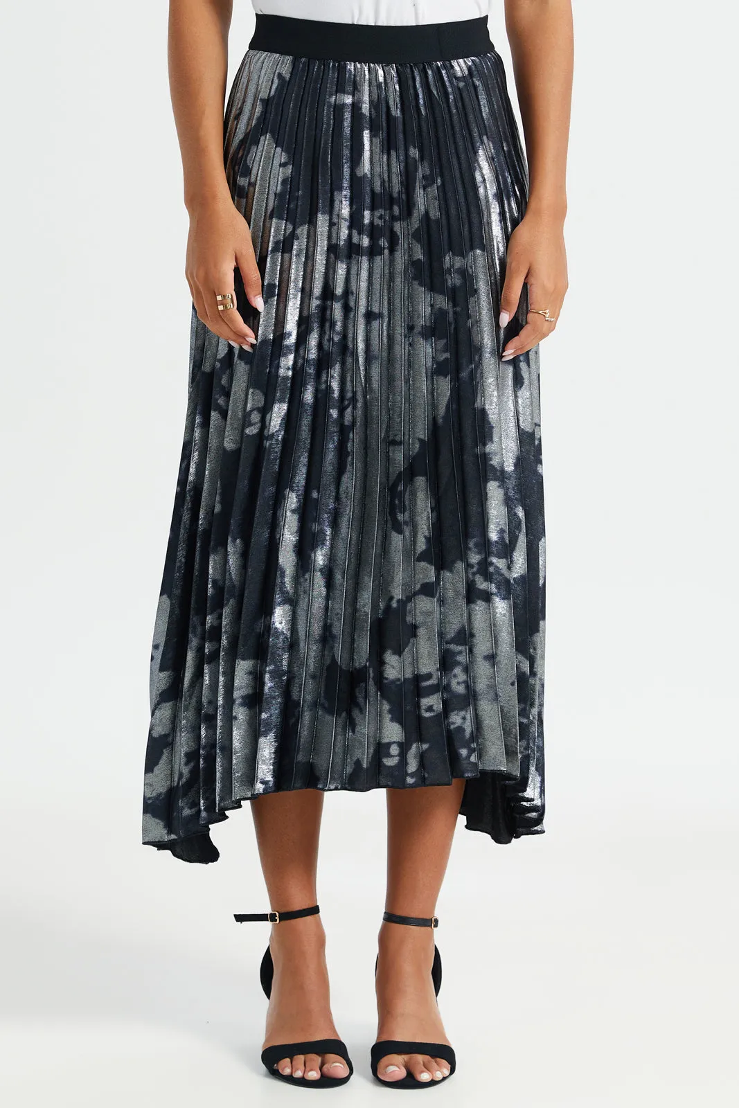 Women Black Foil Printed Pleated Skirt sold by Redtag