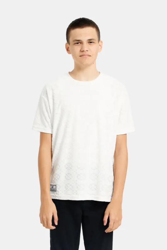Senior Boys White Jacquard T-Shirt sold by Redtag