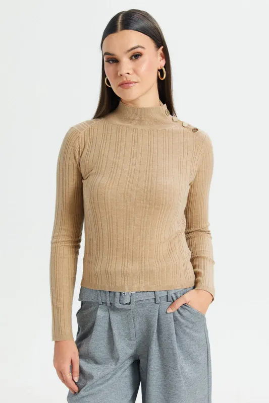 Women Beige Embellished Shoulder Button Top sold by Redtag