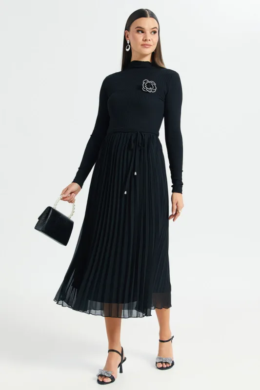 Women Black Corsage Flower Knit Woven Dress sold by Redtag