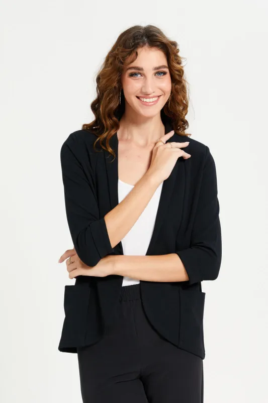 Women Black Rolled Sleeve Round Blazer sold by Redtag