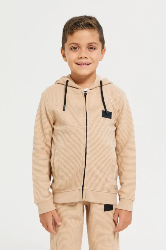 Boys Beige Hooded Zipper Sweatshirt sold by Redtag
