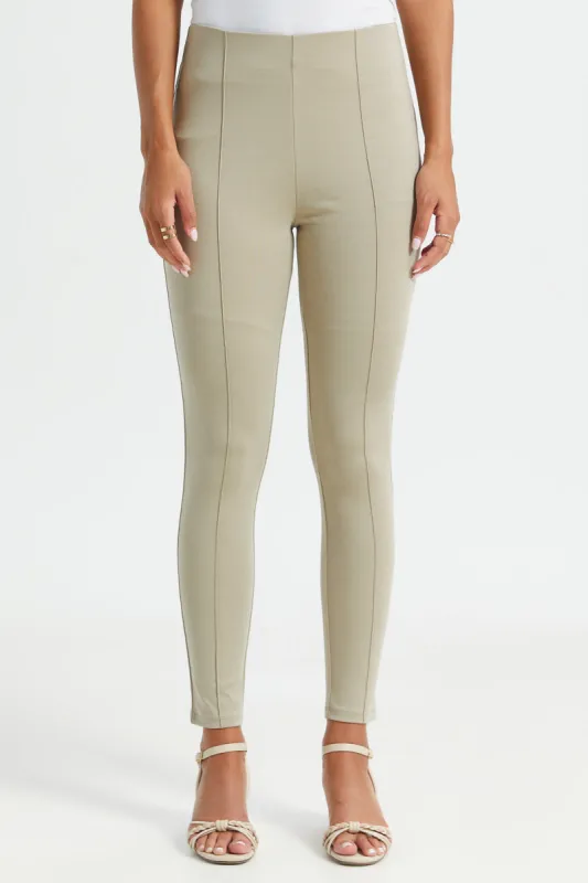 Women Beige Single Pleat Legging sold by Redtag