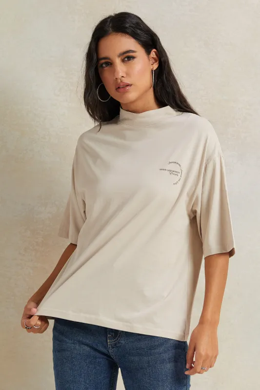 Women Beige Printed T-shirt sold by Redtag