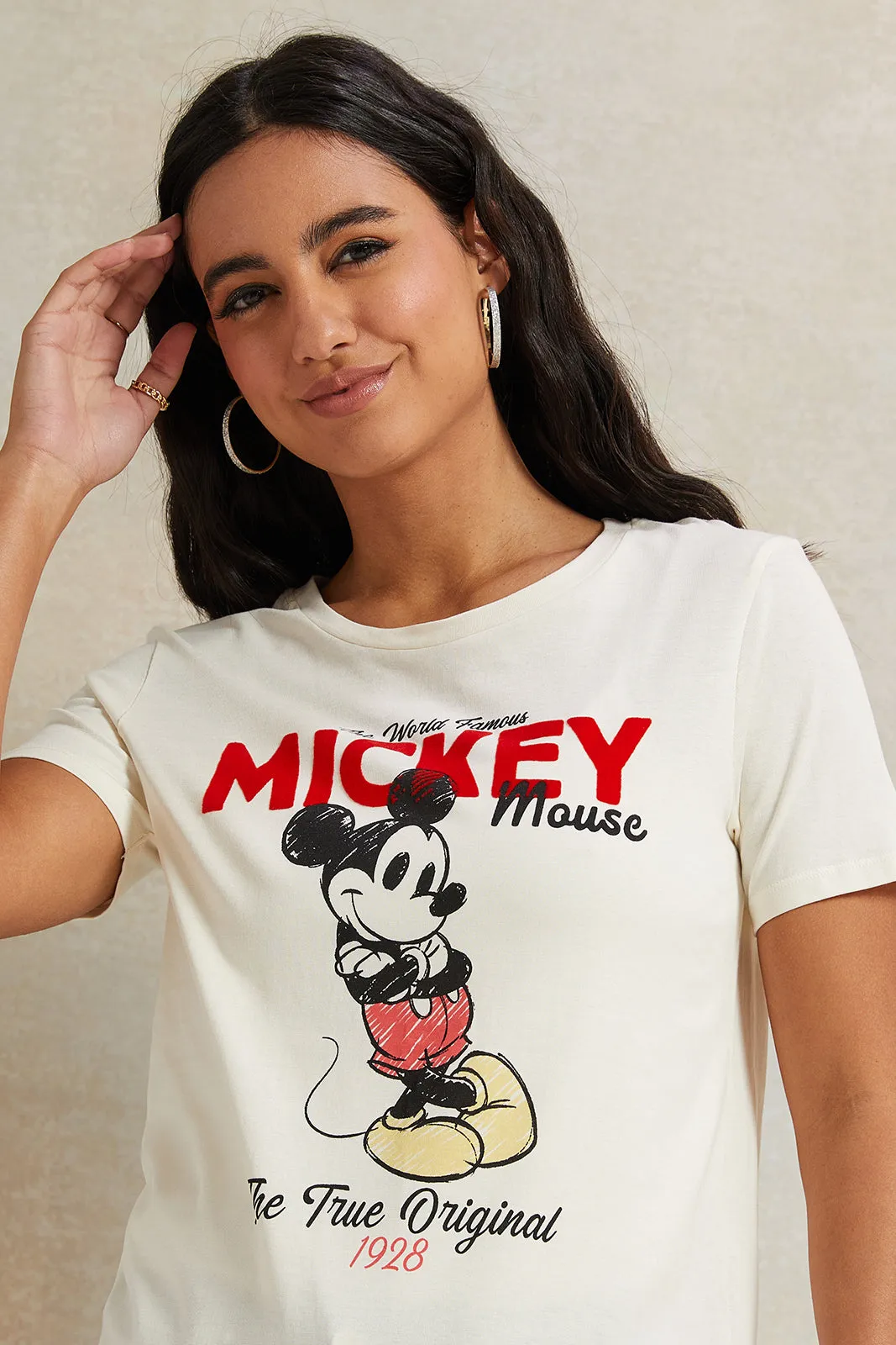 Women Ivory Mickey Mouse Printed T-Shirt sold by Redtag product image thumbnail 4