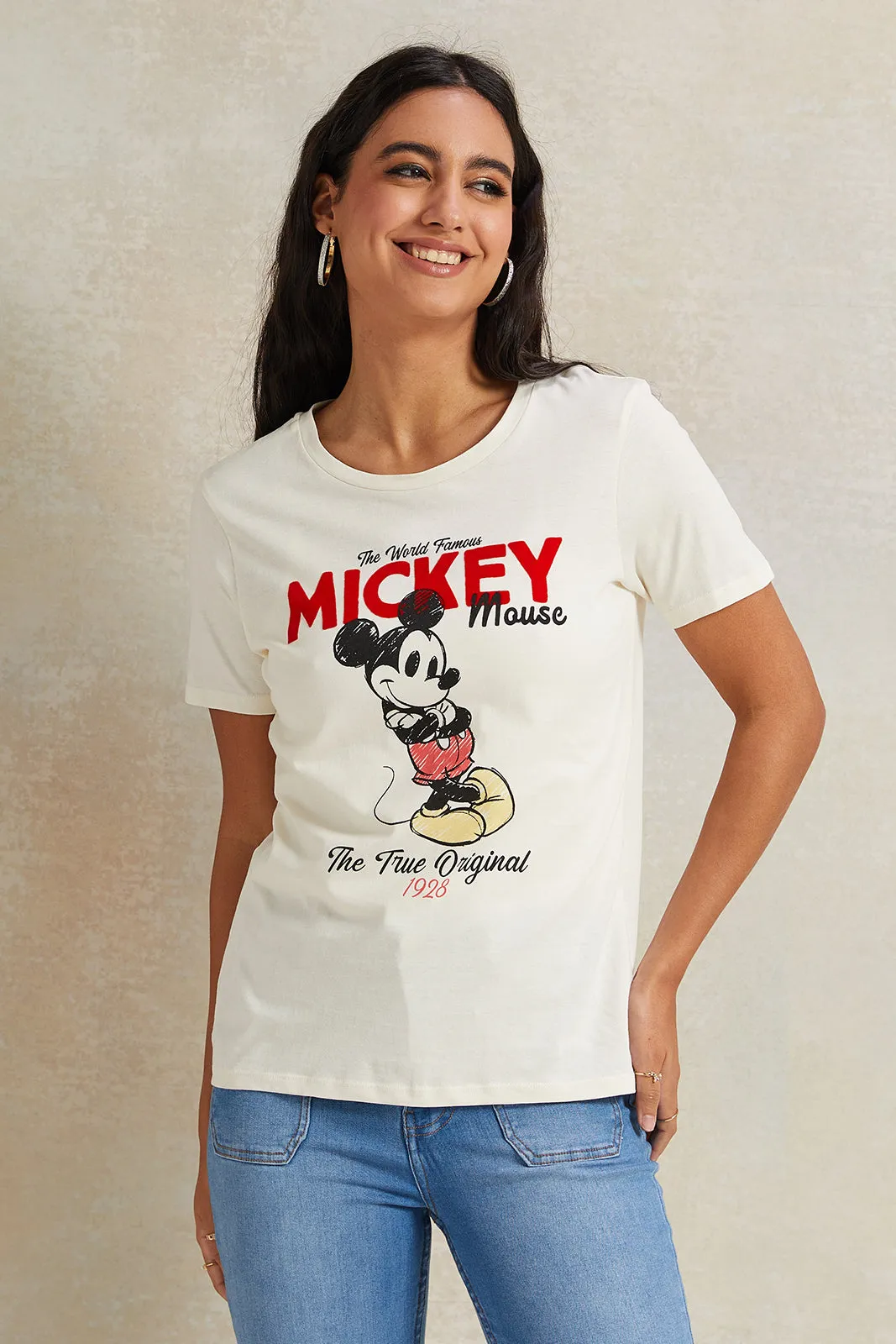 Women Ivory Mickey Mouse Printed T-Shirt sold by Redtag