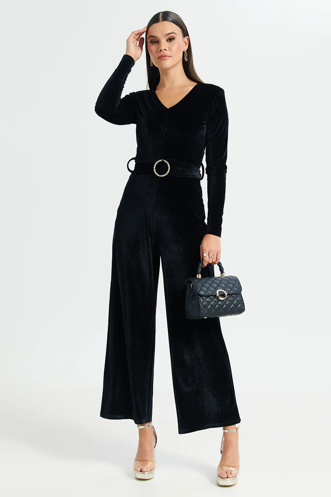 Women Black Velvet Jumpsuit sold by Redtag