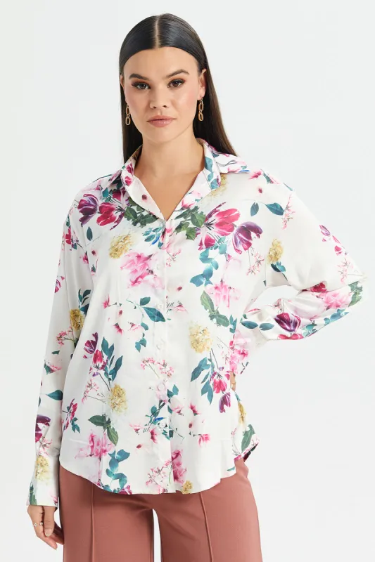 Women White Floral Print Satin Blouse sold by Redtag