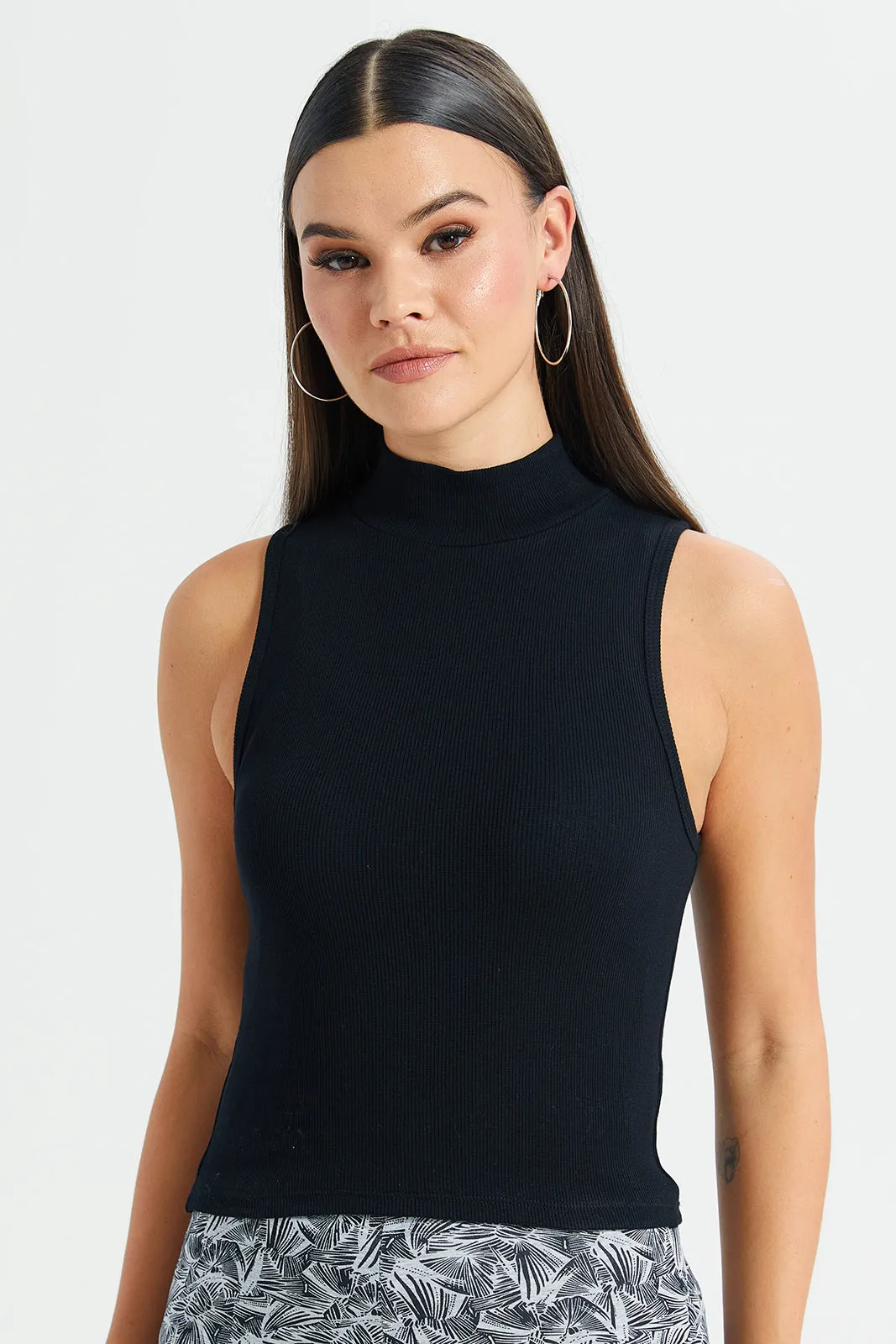 Women Black High Neck Rib T-Shirt sold by Redtag