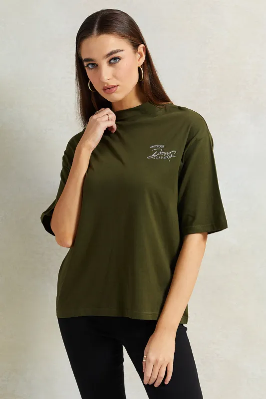 Women Olive High-Neck Boxy T-Shirt sold by Redtag