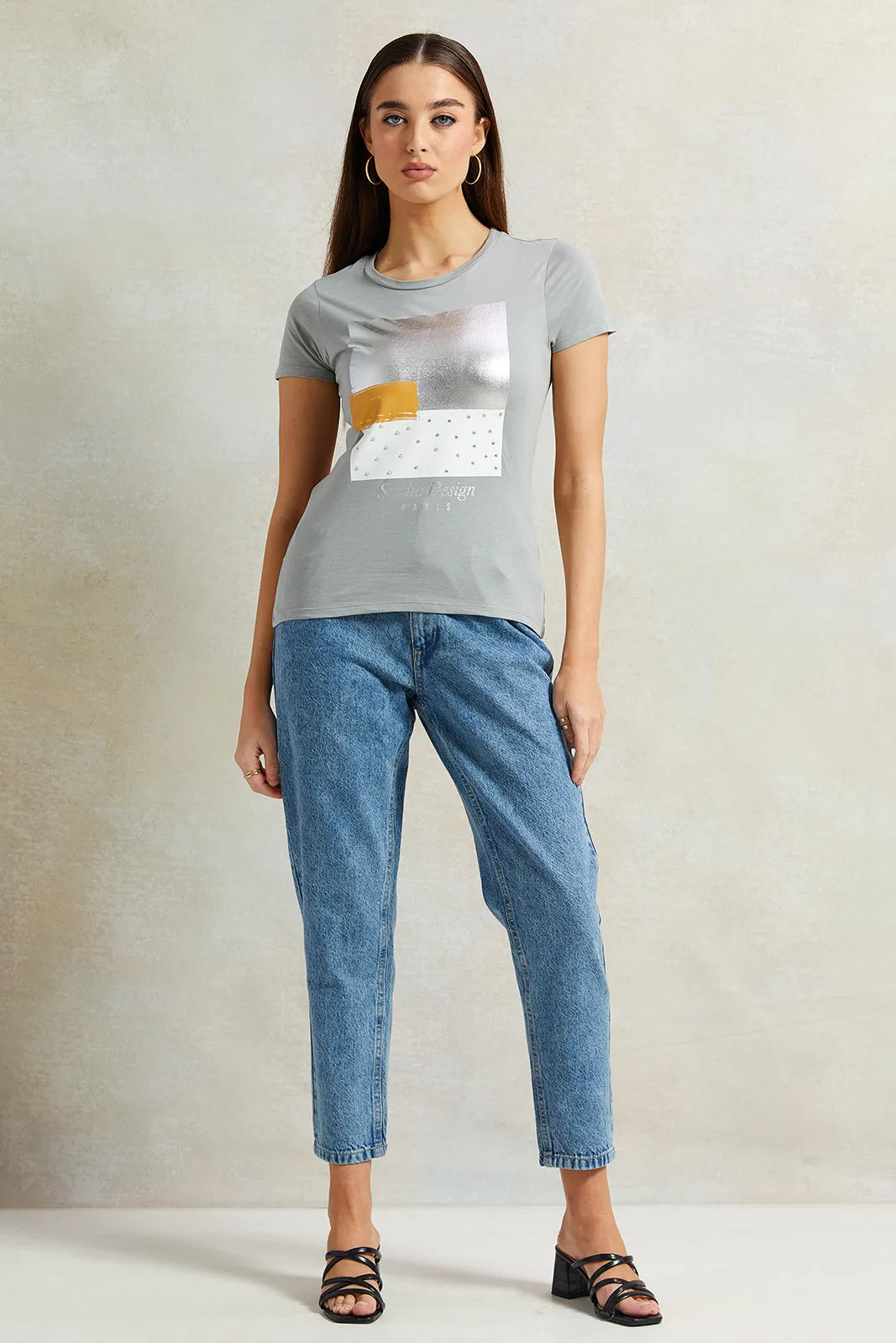 Women Grey Studio Foil T-Shirt sold by Redtag product image thumbnail 2