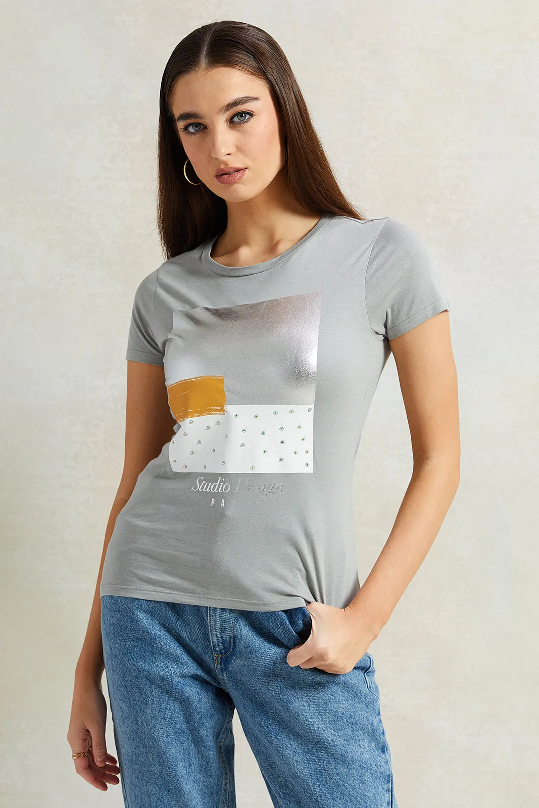Women Grey Studio Foil T-Shirt sold by Redtag