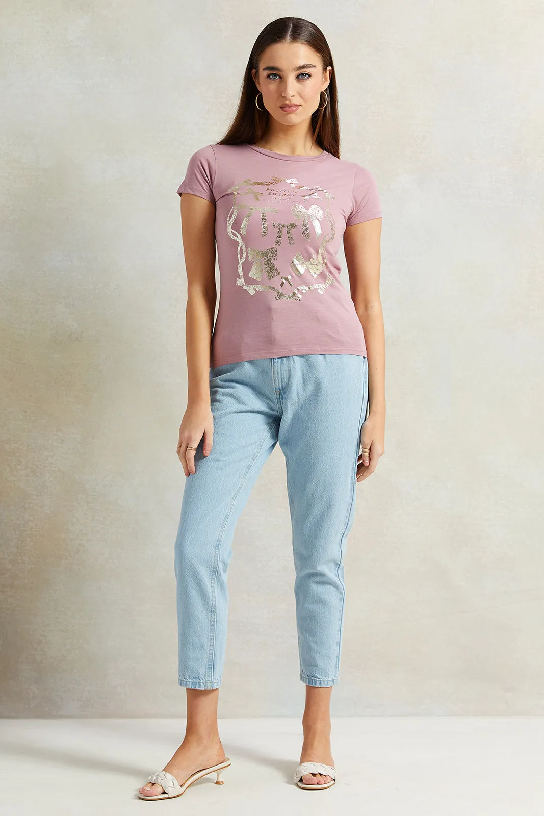 Women Pink Foil Print T-Shirt sold by Redtag product image thumbnail 2