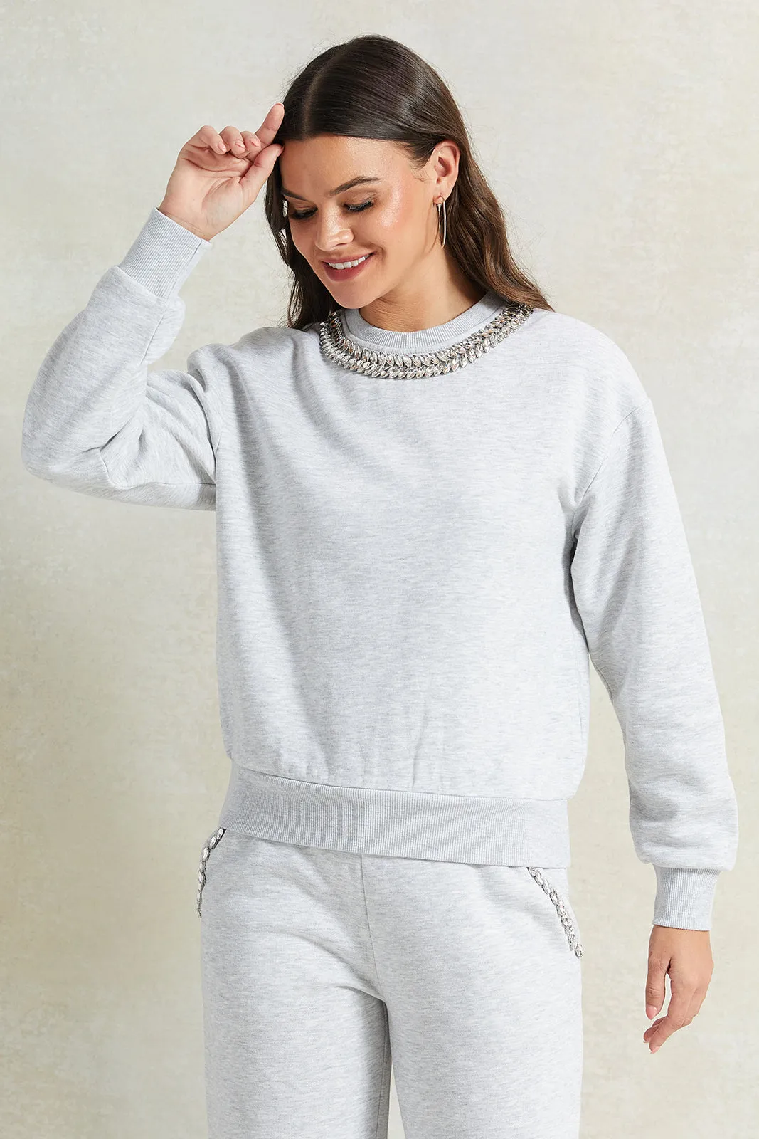 Women Grey Embellished Neck Sweatshirt sold by Redtag