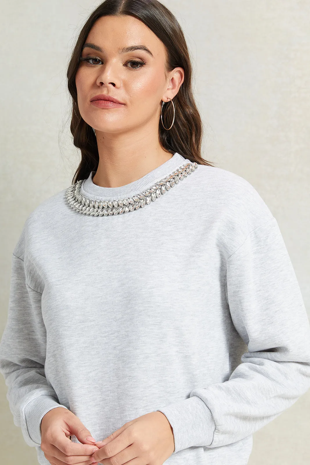 Women Grey Embellished Neck Sweatshirt sold by Redtag product image thumbnail 4