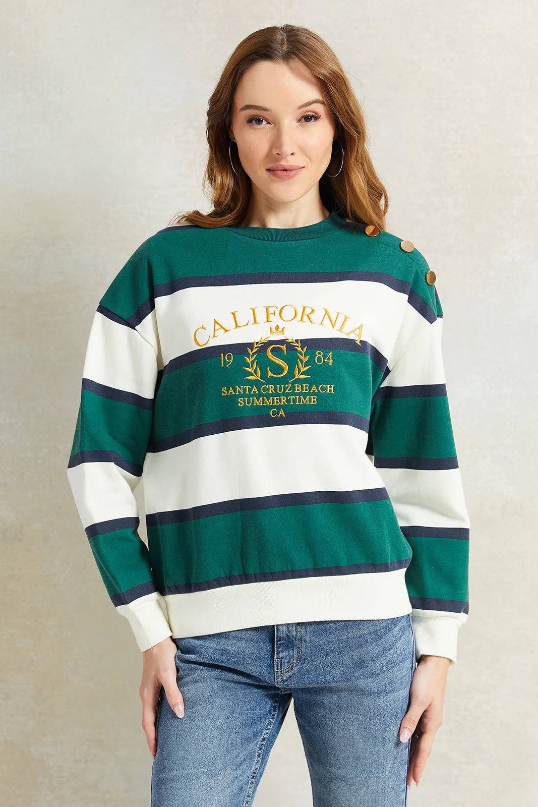 Women Green And White Striped Printed Sweatshirt sold by Redtag