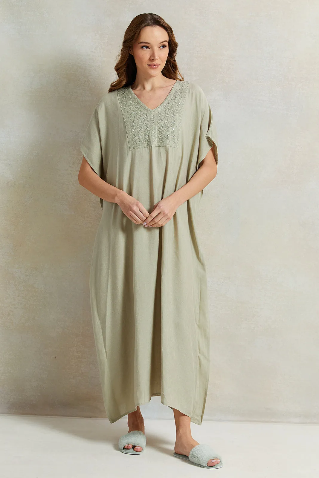 Women Green Embroidery Kaftan Nightgown sold by Redtag