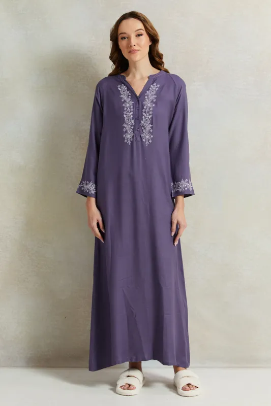 Women Purple Placket Embroidery Nightgown sold by Redtag