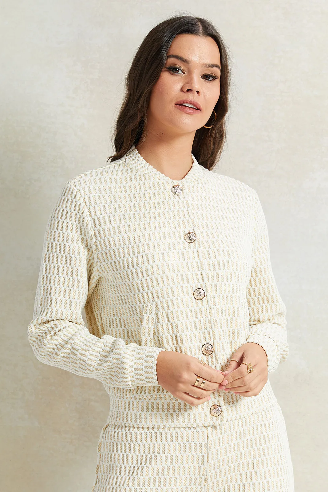 Women Cream Jacquard Long Sleeves Jacket sold by Redtag