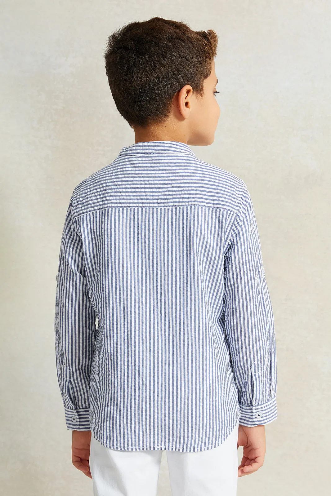 Boys Blue And White Long Sleeve Mandarin Collar Shirt With T-Shirt Set sold by Redtag product image thumbnail 4