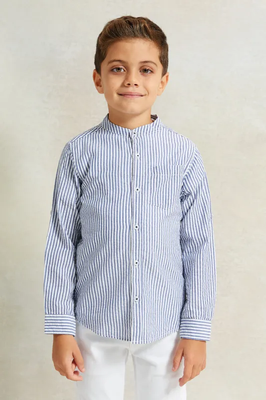 Boys Blue And White Long Sleeve Mandarin Collar Shirt With T-Shirt Set sold by Redtag