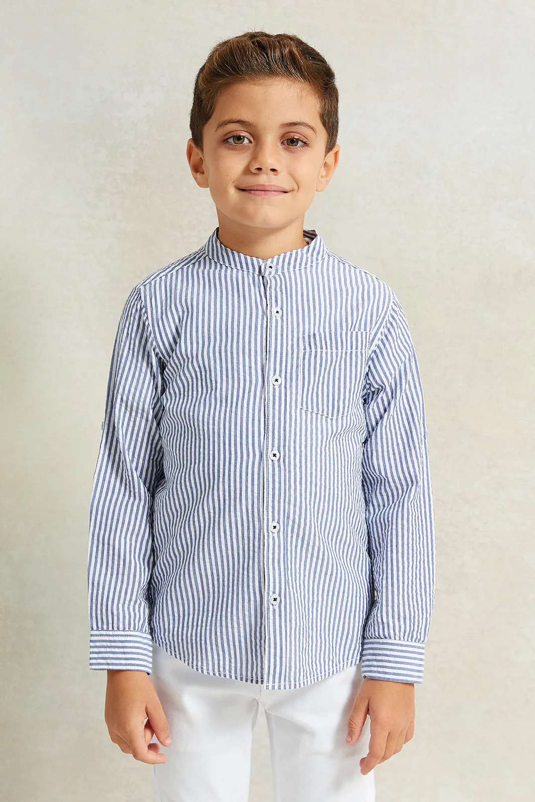 Boys Blue And White Long Sleeve Mandarin Collar Shirt With T-Shirt Set sold by Redtag