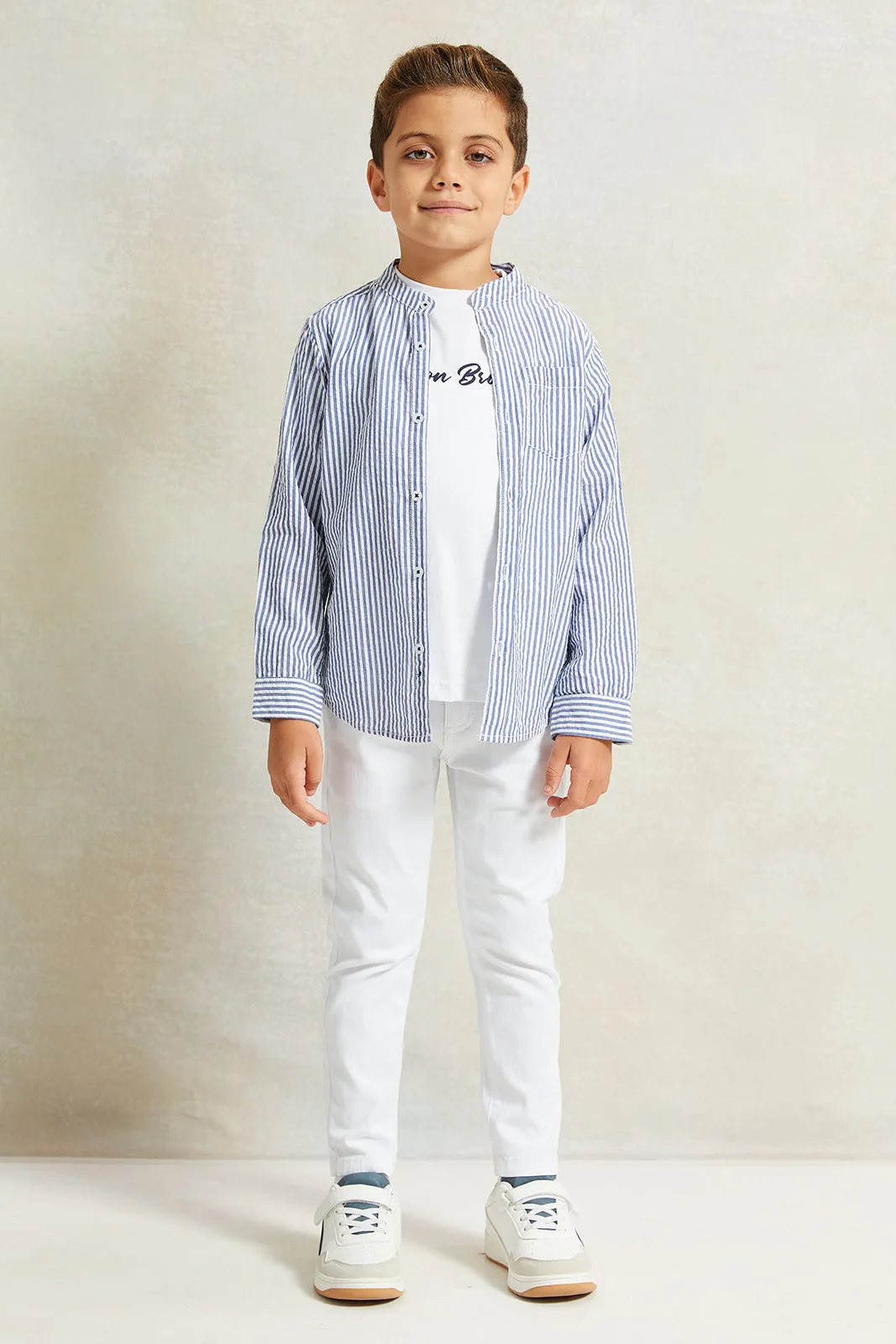 Boys Blue And White Long Sleeve Mandarin Collar Shirt With T-Shirt Set sold by Redtag product image thumbnail 2
