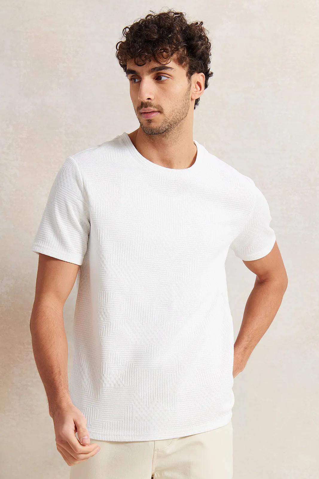 Men White Jacquard T-Shirt sold by Redtag