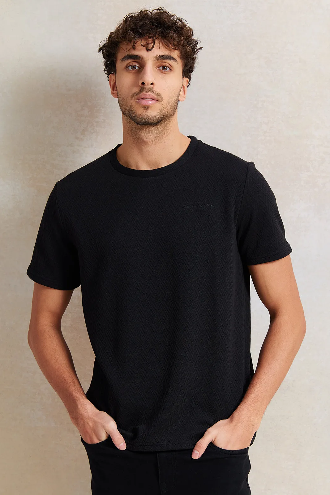 Men Black Jacquard T-Shirt sold by Redtag