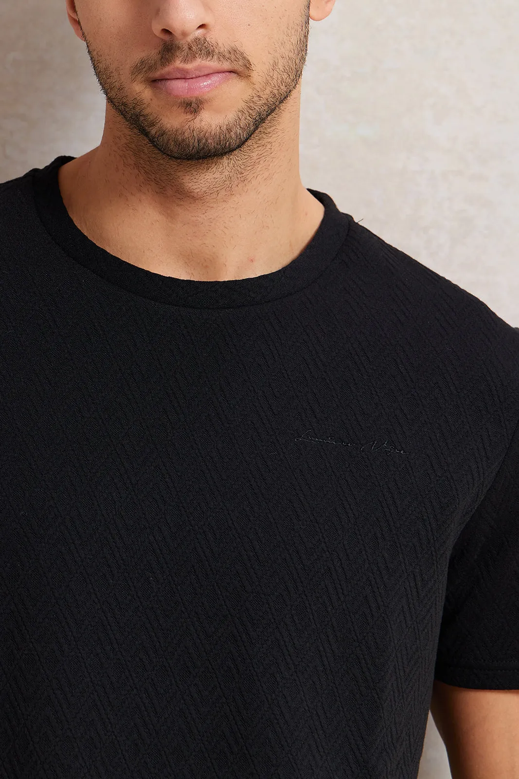 Men Black Jacquard T-Shirt sold by Redtag product image thumbnail 4