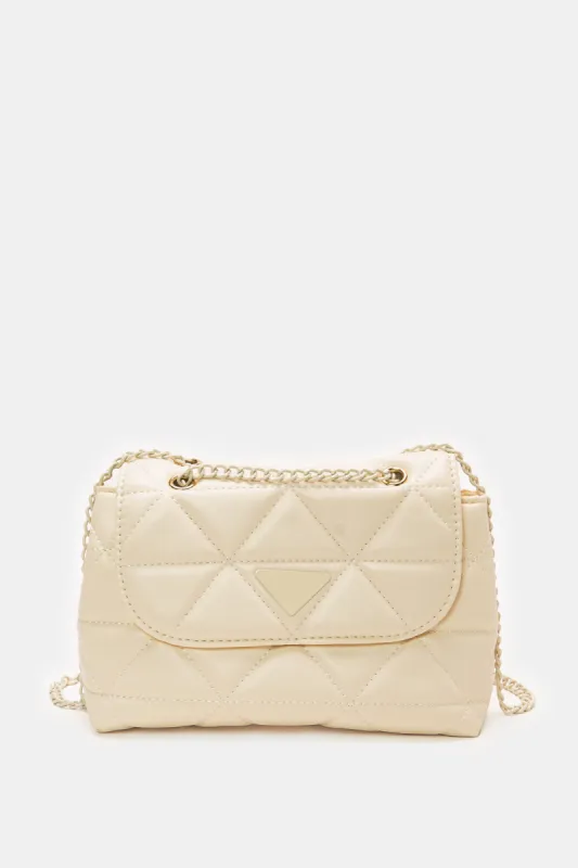 Women Cream Quilted Flap Messenger Bag sold by Redtag