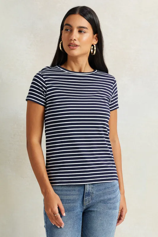 Women Navy And White Striped T-Shirt sold by Redtag