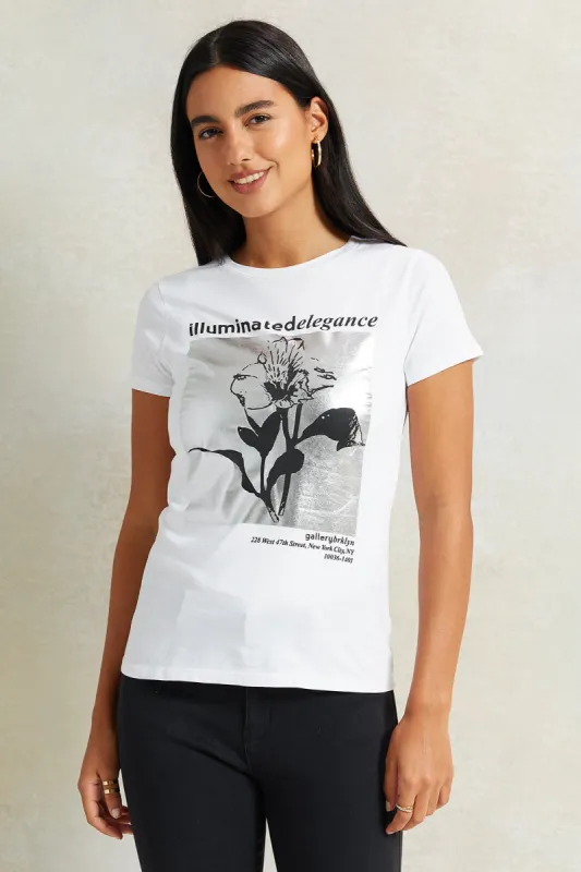 Women White Floral Foil T-Shirt sold by Redtag