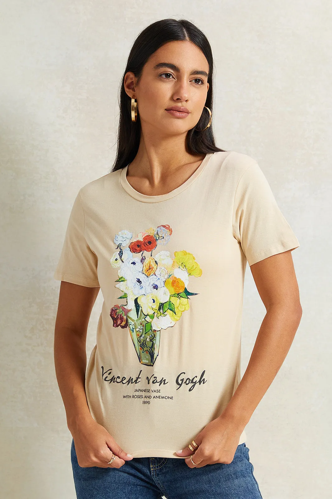 Women Beige Van Gogh Printed T-Shirt sold by Redtag