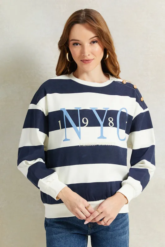 Women Navy And White Striped Sweatshirt sold by Redtag