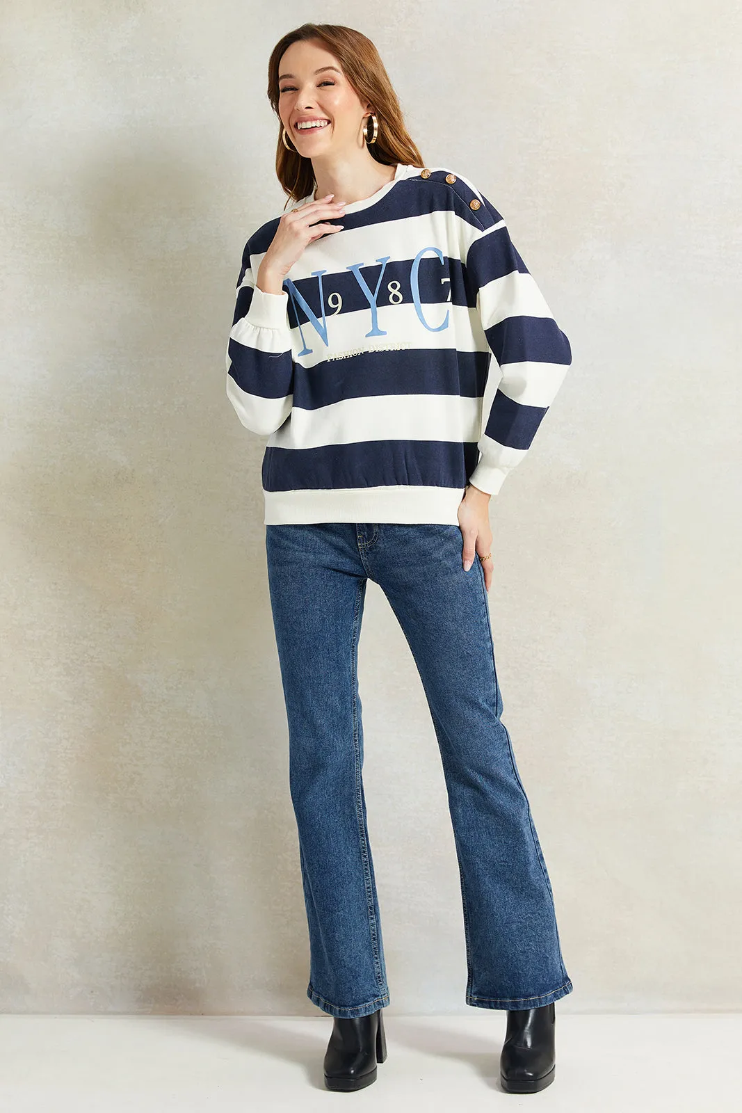 Women Navy And White Striped Sweatshirt sold by Redtag product image thumbnail 2