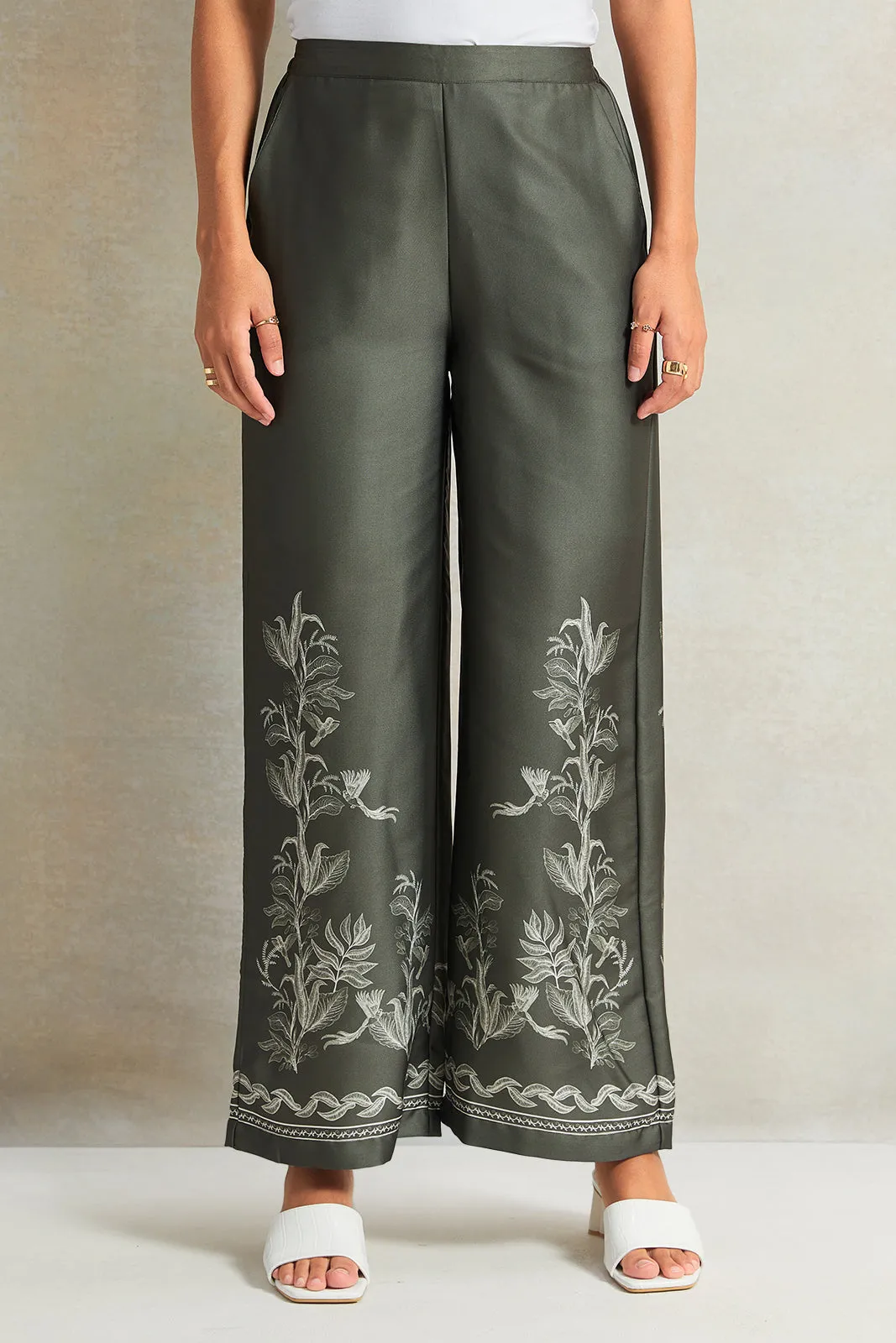 Women Olive Embroidered Wide Leg Trouser sold by Redtag