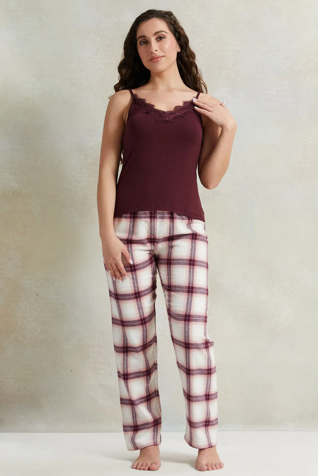 Women Burgundy Check Long Pant Cami Set (2 Piece) sold by Redtag