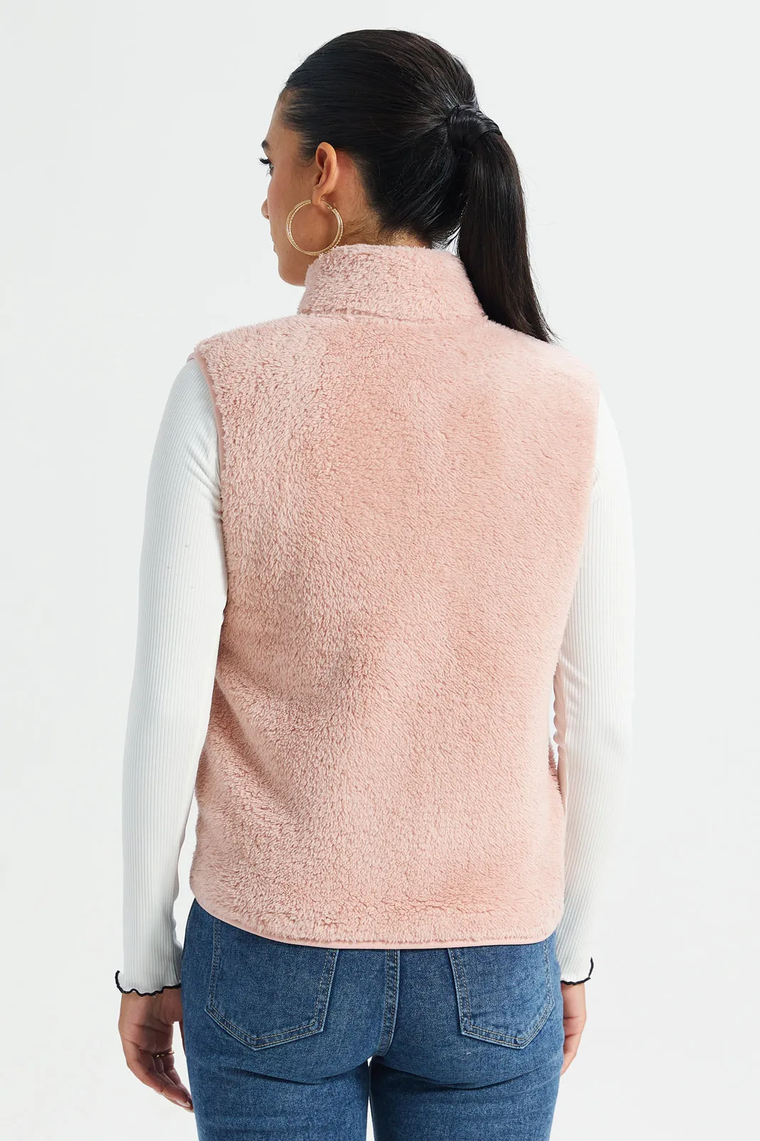 Women Pink High Neck Sleeveless Fur Jacket sold by Redtag product image thumbnail 3