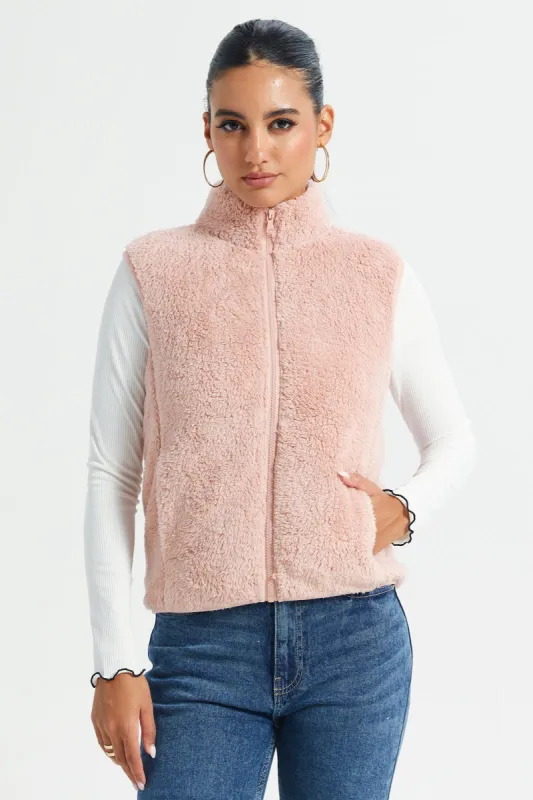 Women Pink High Neck Sleeveless Fur Jacket sold by Redtag