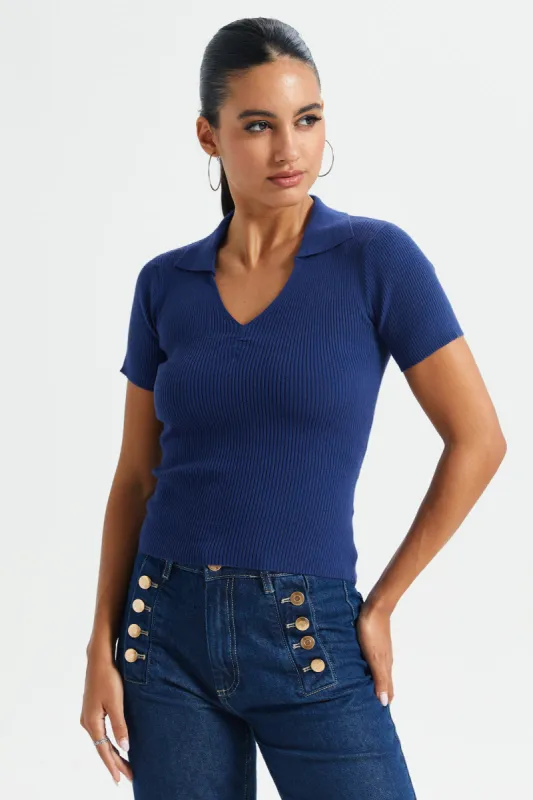 Women Blue Short-Sleeved Sweater Polo sold by Redtag