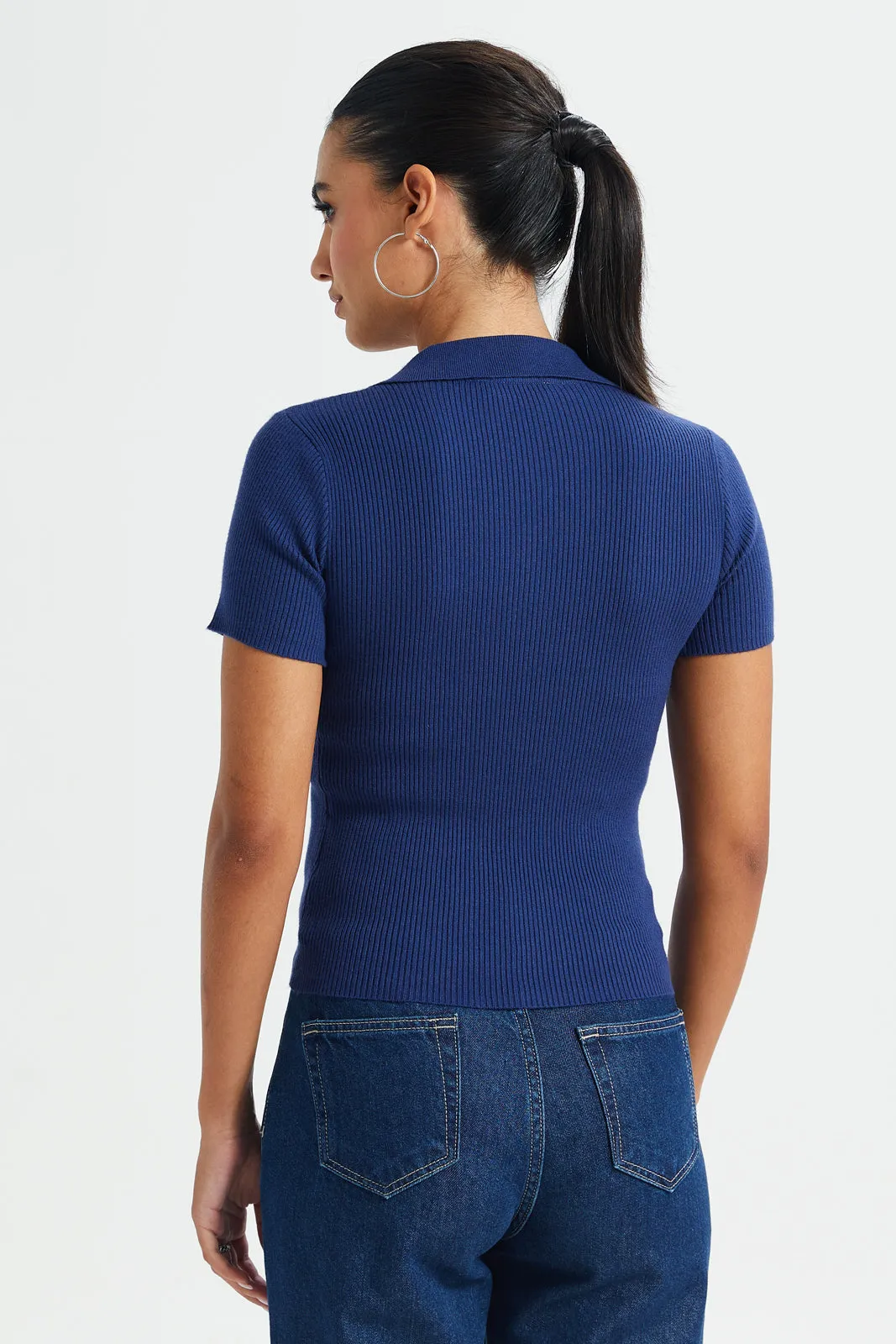 Women Blue Short-Sleeved Sweater Polo sold by Redtag product image thumbnail 3