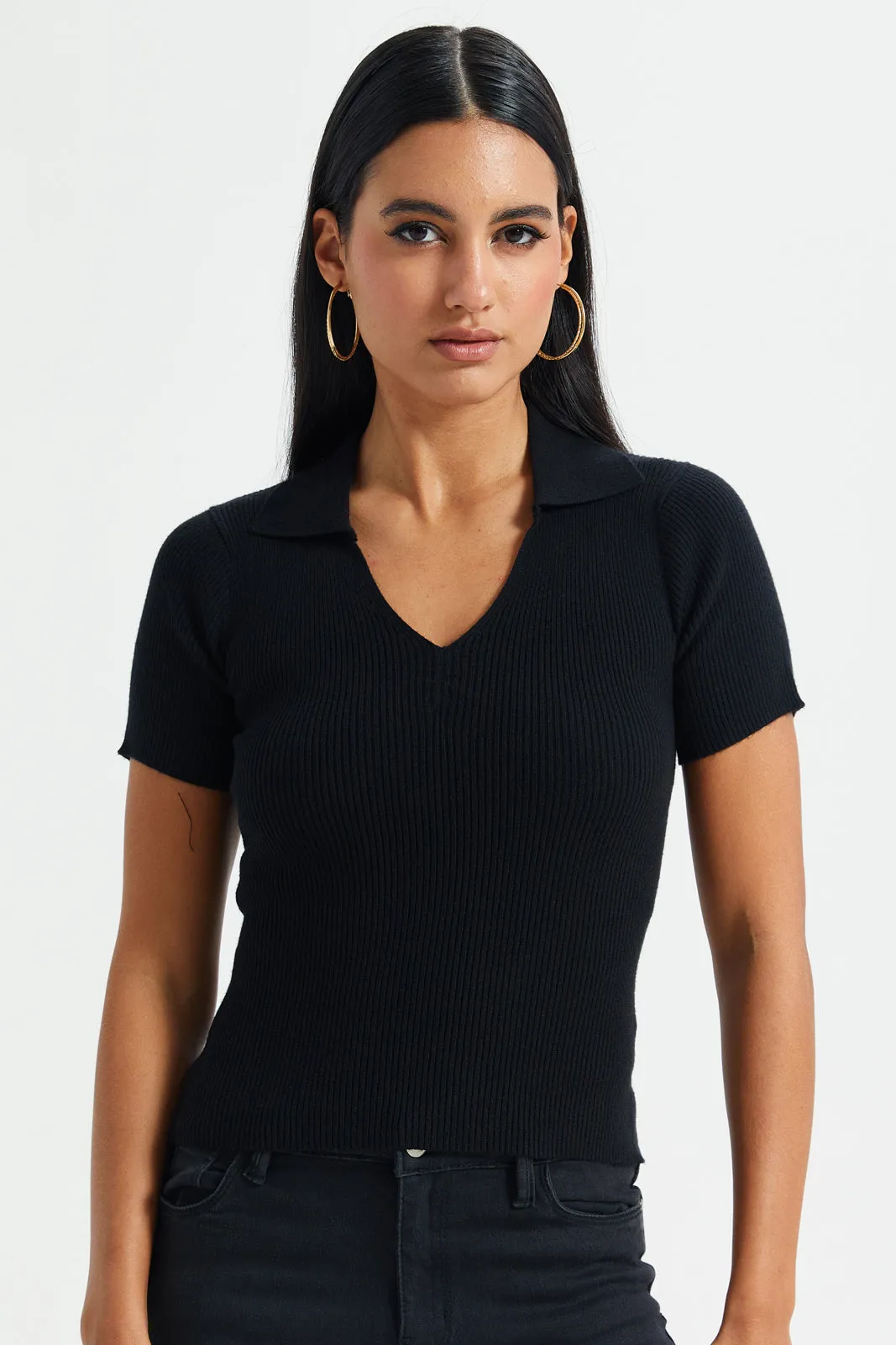 Women Black Short-Sleeved Sweater Polo sold by Redtag