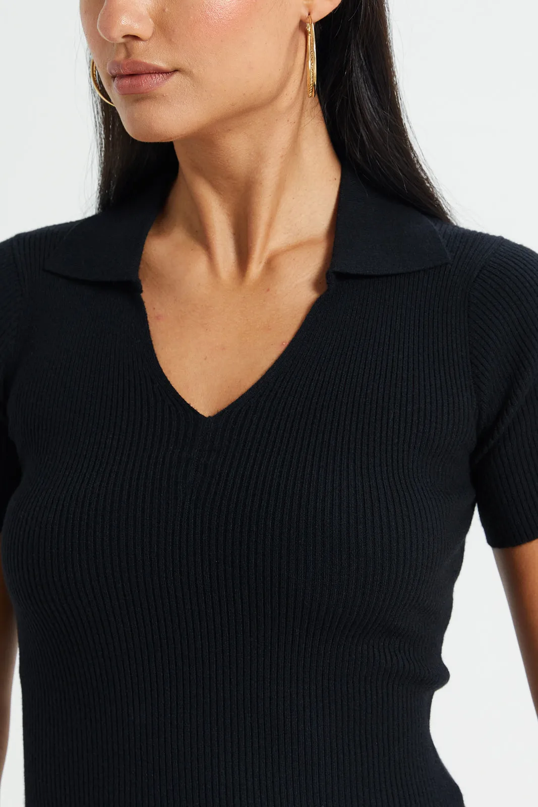 Women Black Short-Sleeved Sweater Polo sold by Redtag product image thumbnail 4