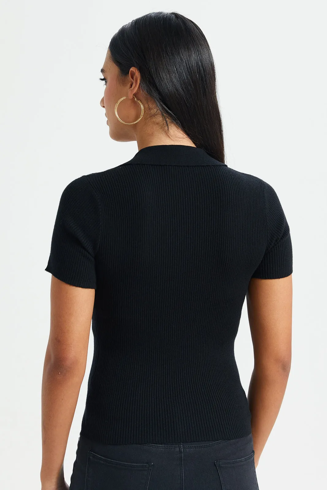 Women Black Short-Sleeved Sweater Polo sold by Redtag product image thumbnail 3