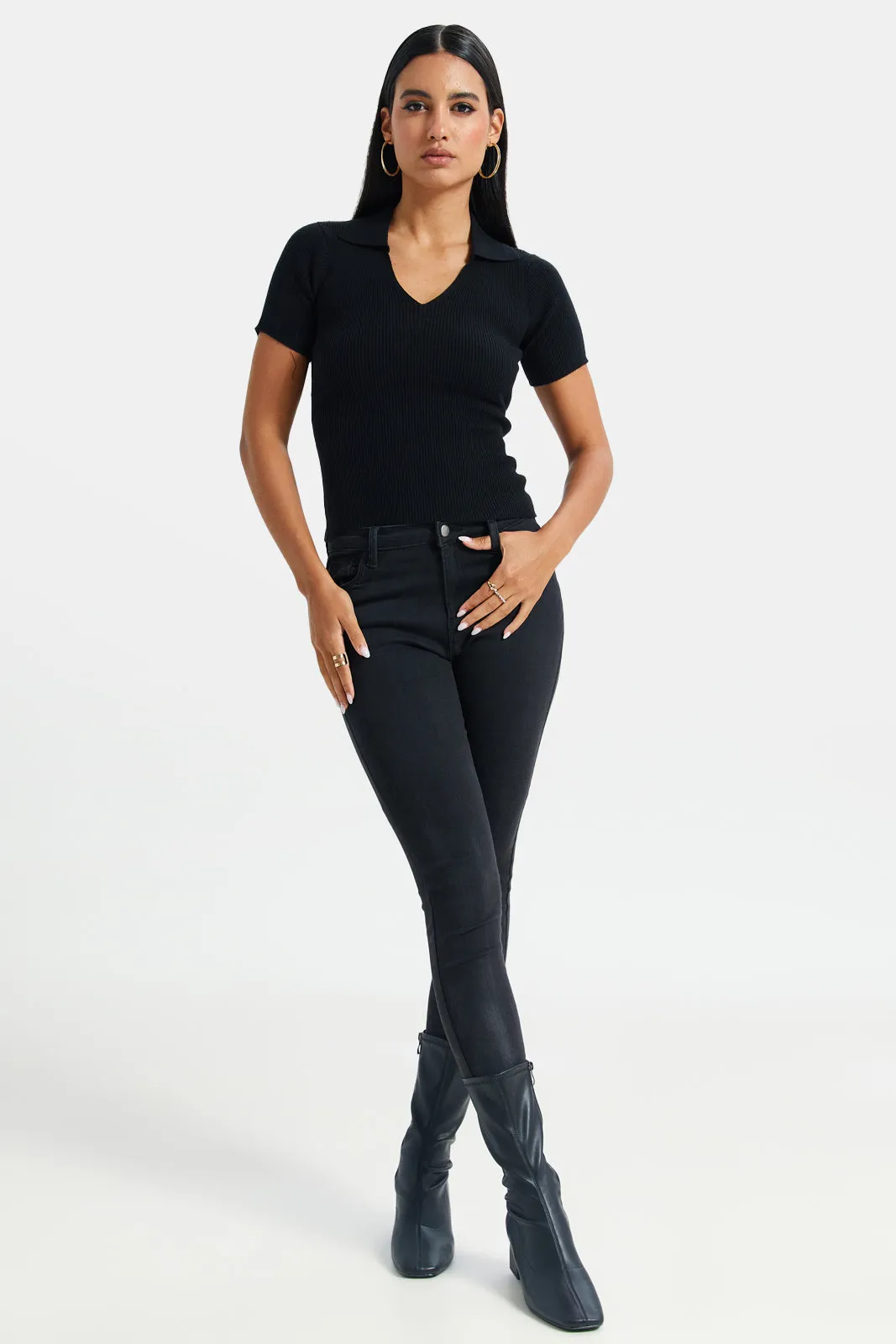 Women Black Short-Sleeved Sweater Polo sold by Redtag product image thumbnail 2