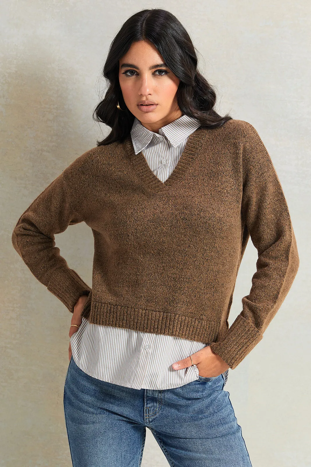 Women Brown With Beige Striped Twofer sold by Redtag