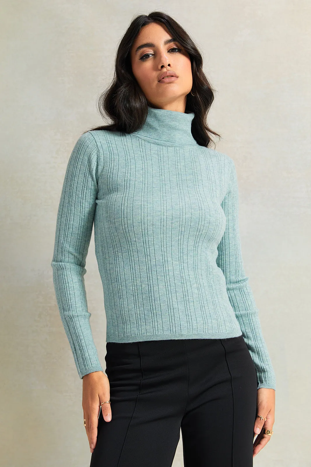 Women Blue Textured High Neck Sweater sold by Redtag