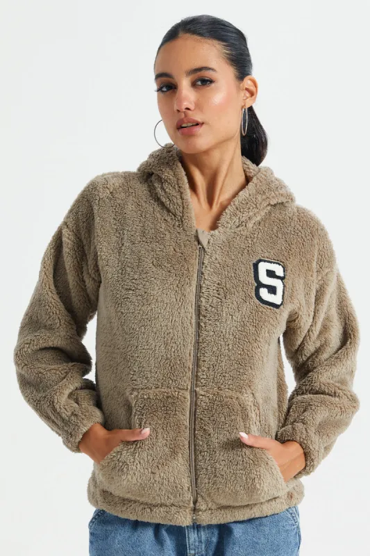 Women Beige Fleece Zip Through Hooded Sweatshirt sold by Redtag